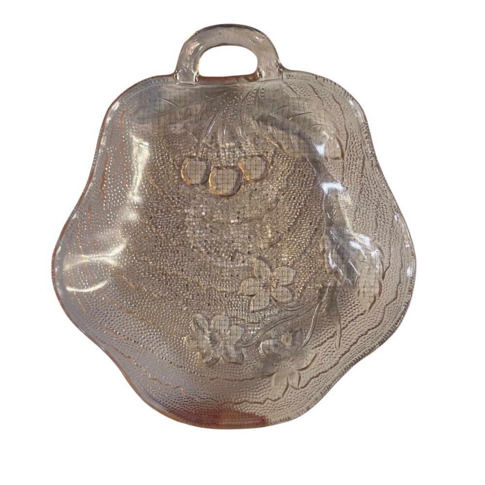 Vintage Pink Depression Glass Cherry Floral‎ Nappy Bowl Single Handle Candy Dish